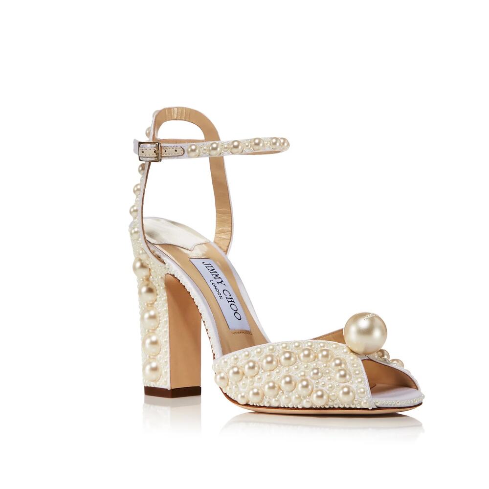 Jimmy Choo Pearl-Embellished Ivory Block Heel Sandals